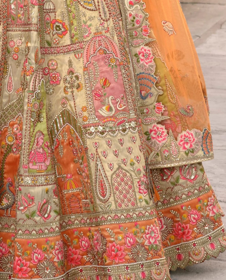 Beige - Beige & Orange Fancy Silk Lehenga Choli With Cut Work Embroidery Border & Stone Work